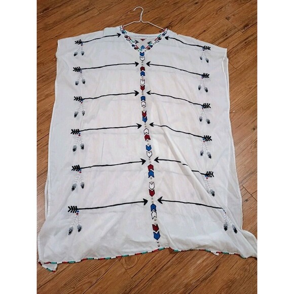 World Family Ibiza White Feather-Embroidered Beaded Tunic / Kaftan – Boho Dress - Picture 5 of 11
